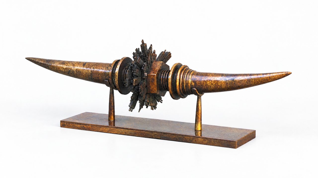 City Compress, a horn-shaped silicon bronze sculpture with a tangle of tiny buildings compressed at its centre, by David Hamilton