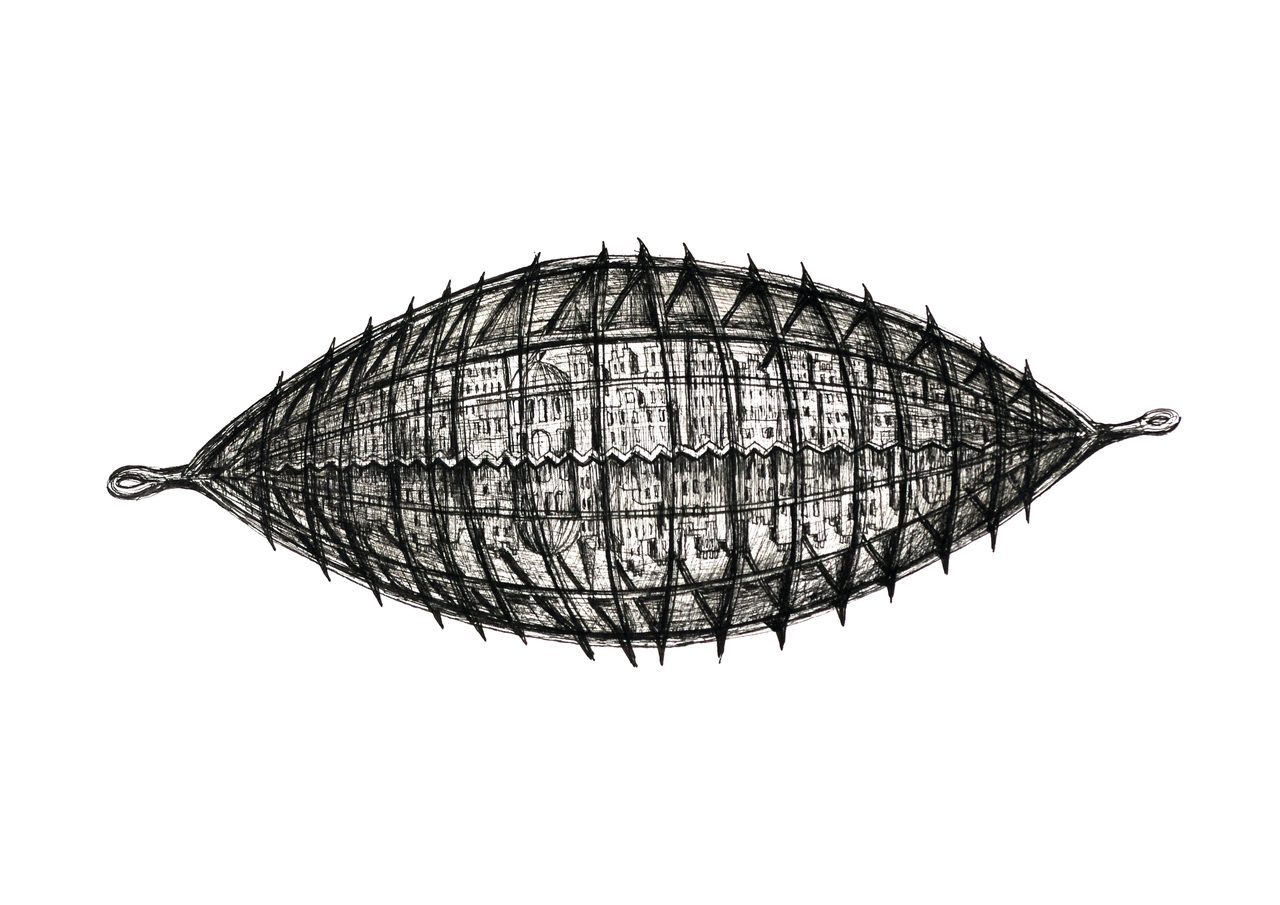 City Shield 1, a pen and ink drawing of a spiked lens-shaped form with rows of tiny buildings visible inside its ribs, by David Hamilton