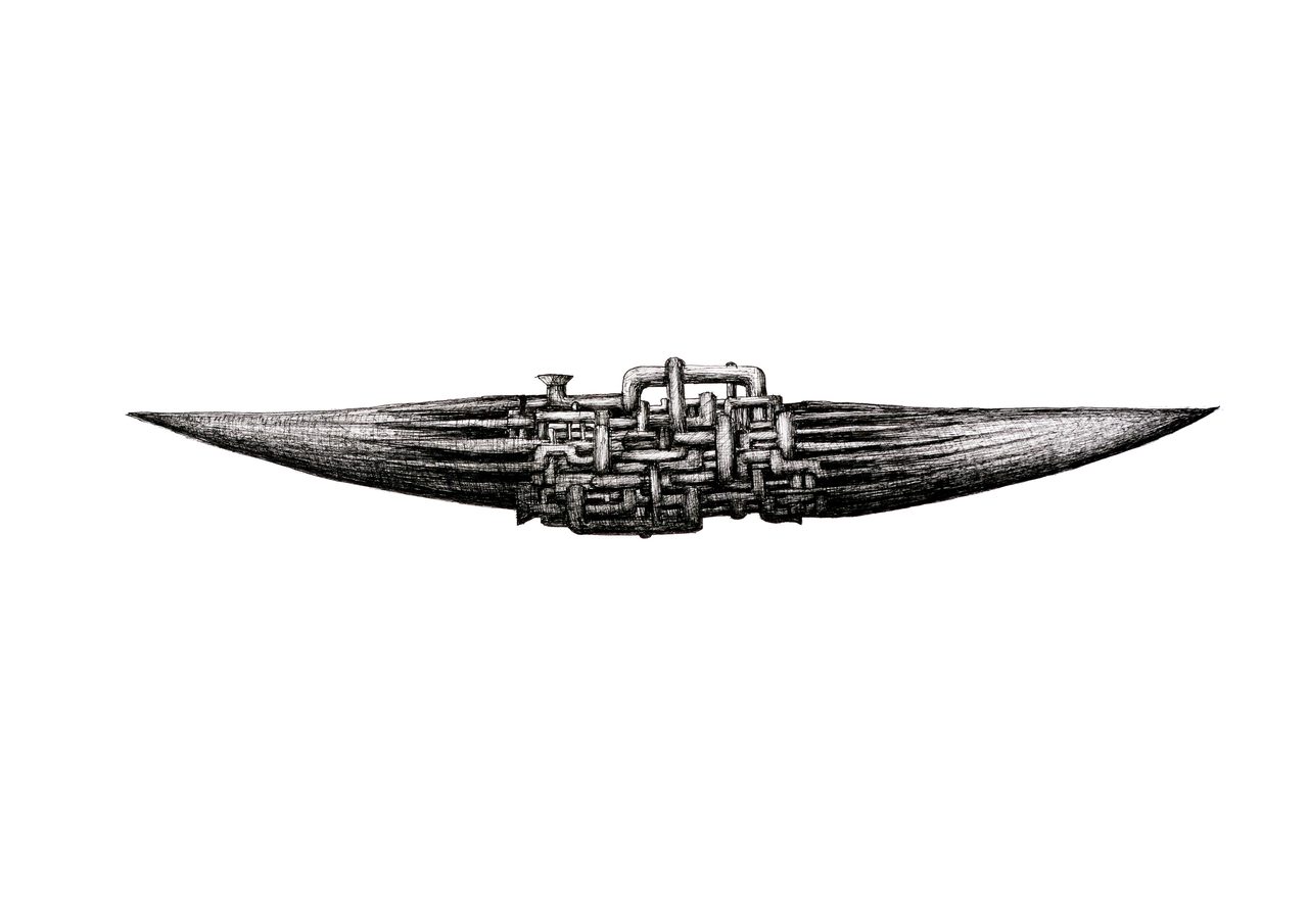Pompidou Reimagined, a pen and ink drawing of a slender wing-shaped form with a knot of pipework at its centre, by David Hamilton