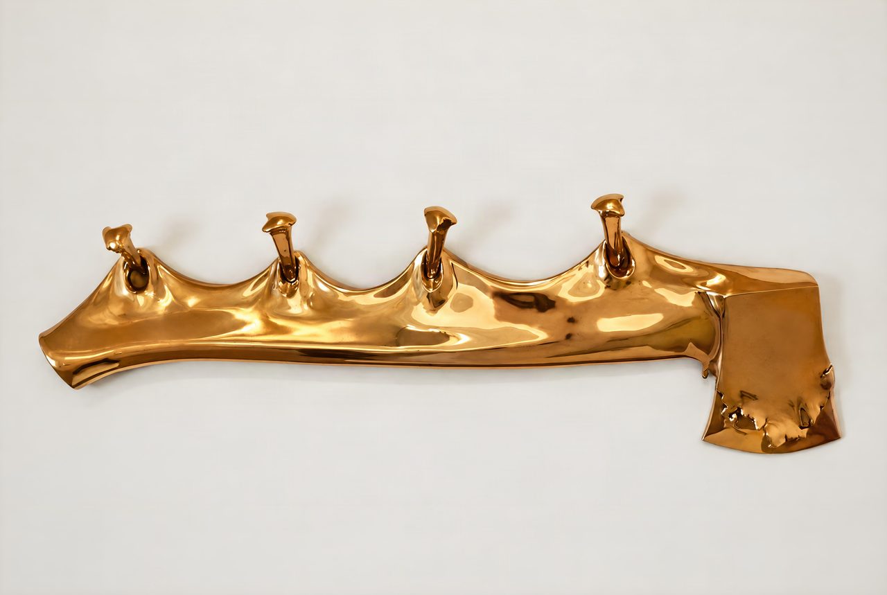 A Trophy for Doug, a polished copper-toned axe with a wavy handle rising into several curved hooked prongs, by David Hamilton