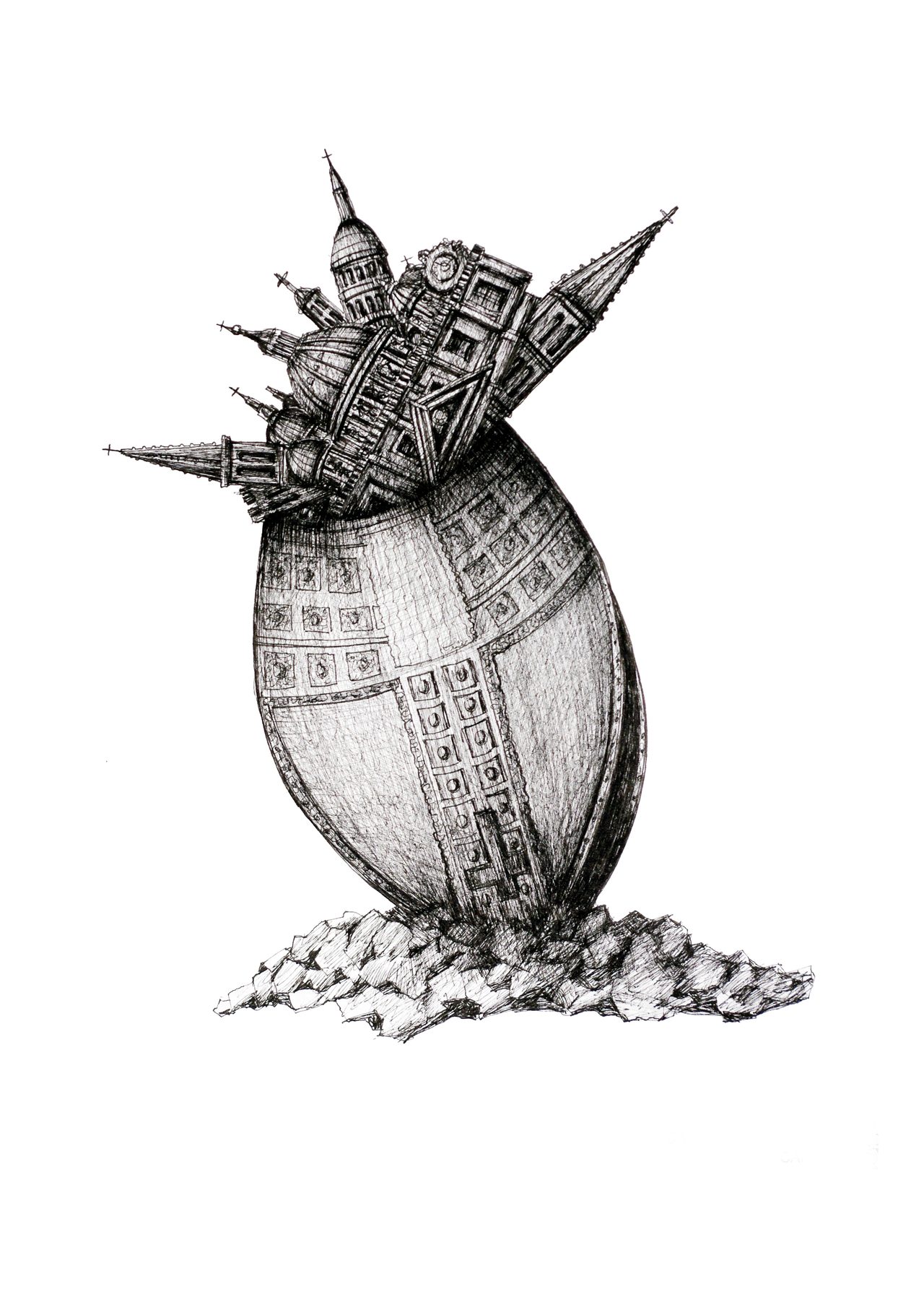 Cardinal's Hat, a pen and ink drawing of church spires and domes rising from a cross-banded egg shape on a rocky base, by David Hamilton