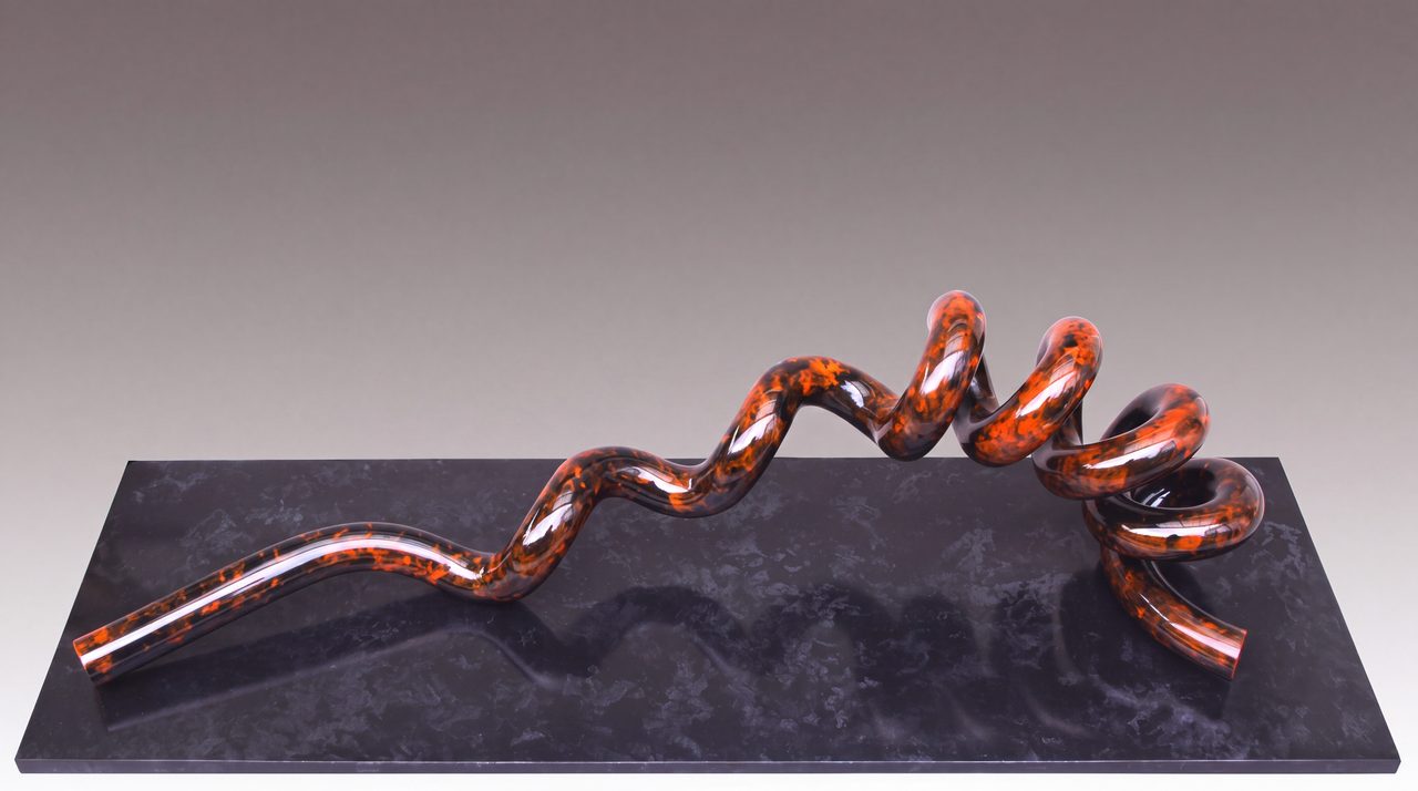 Rent, a mottled red-and-black painted steel rod bending through sharp zigzags and loops, by David Hamilton