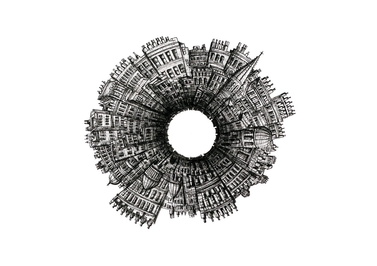 Paris Depths, a pen and ink drawing of rows of buildings spiralling inward toward a dark central void, seen from directly above, by David Hamilton