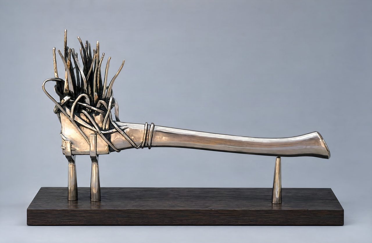 False Phoenix, a bronze axe blade sprouting a mass of thin blackened branches from its head, by David Hamilton