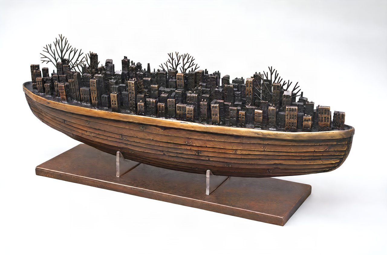 New Forest, a silicon bronze boat hull filled with a dense miniature bronze city and bare trees, by David Hamilton