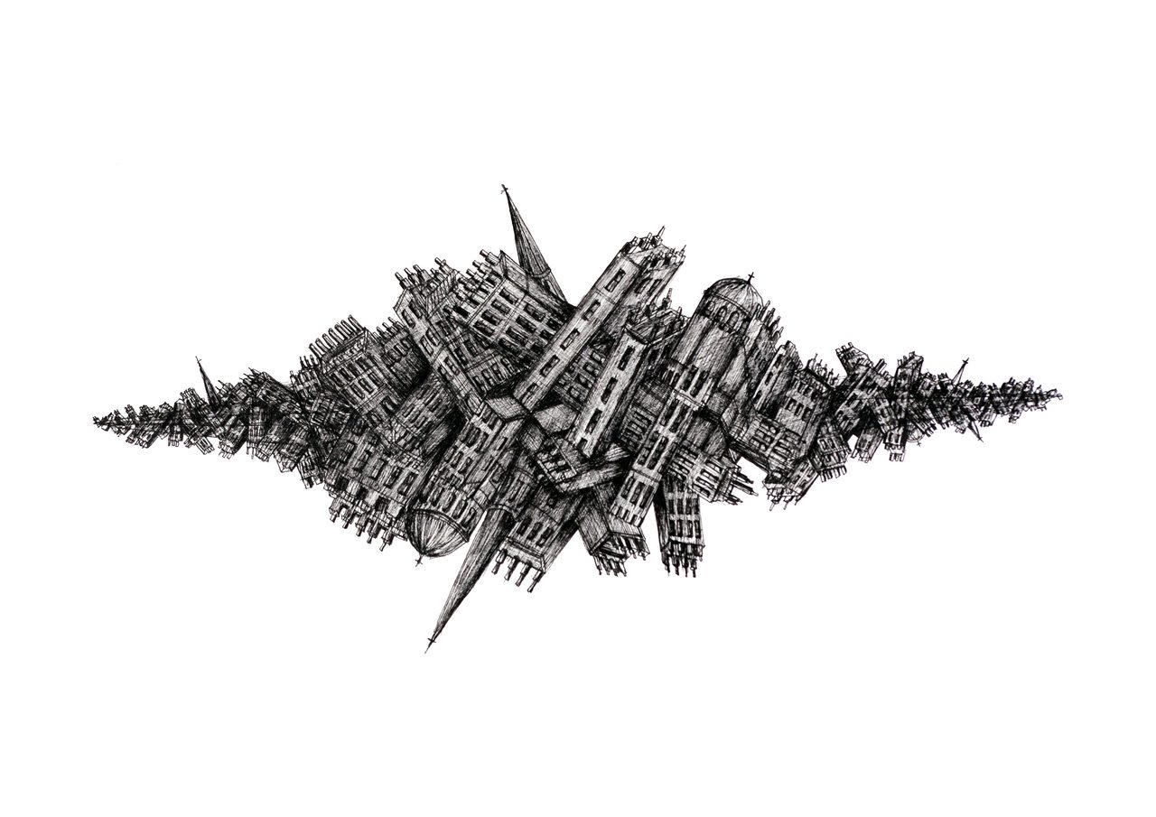 City Landscape 1, a pen and ink drawing of jumbled, tilted buildings and spires compressed into a wide horn shape, by David Hamilton