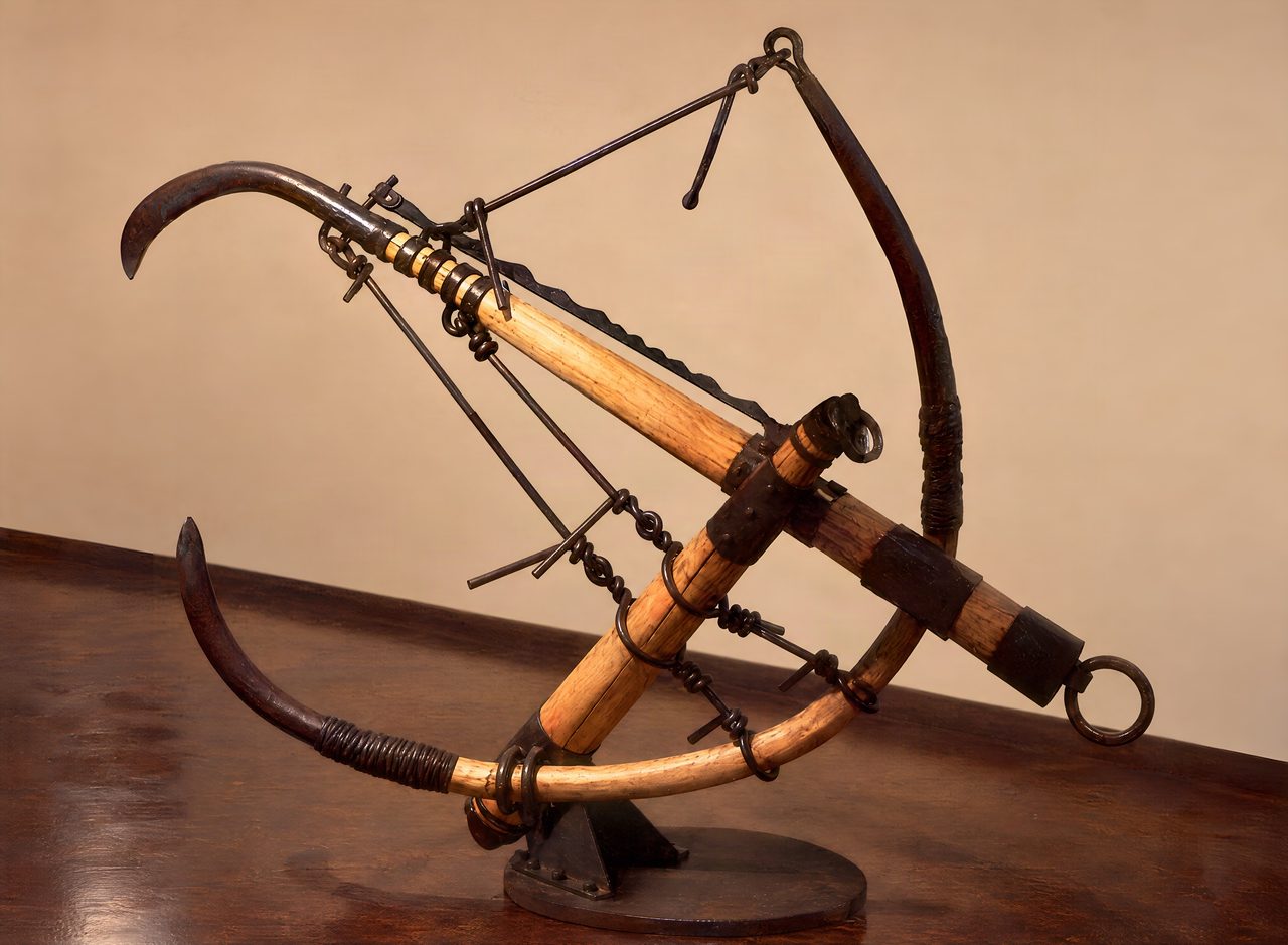 The Reaper, a curved black steel blade with a scalloped edge mounted above a curved wooden beam hung with small looped steel hooks, by David Hamilton