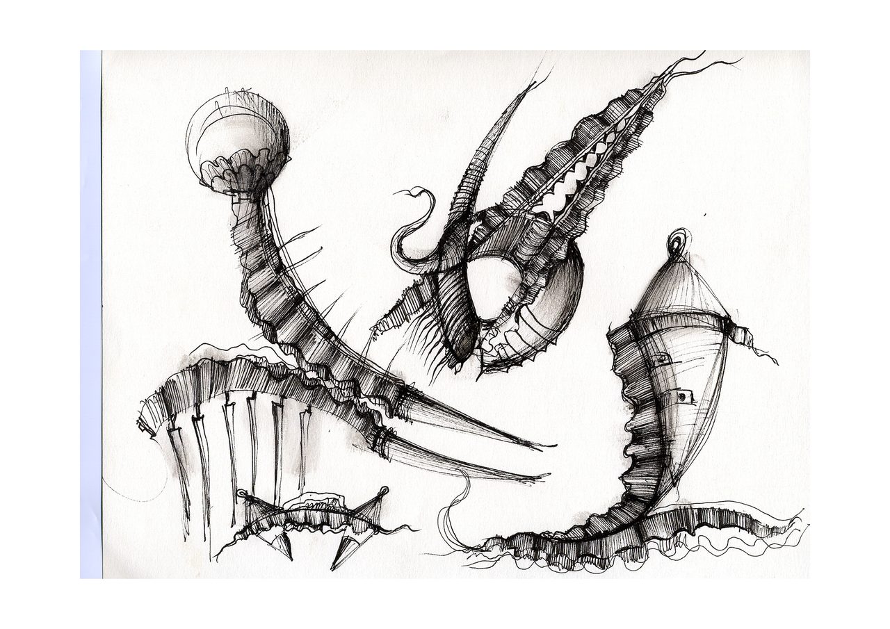 An untitled pen and ink sculpture study drawing showing a ribbed cone rising into a coiled loop, a curled tentacle-like horn, and a fringed sail-like hull shape, by David Hamilton