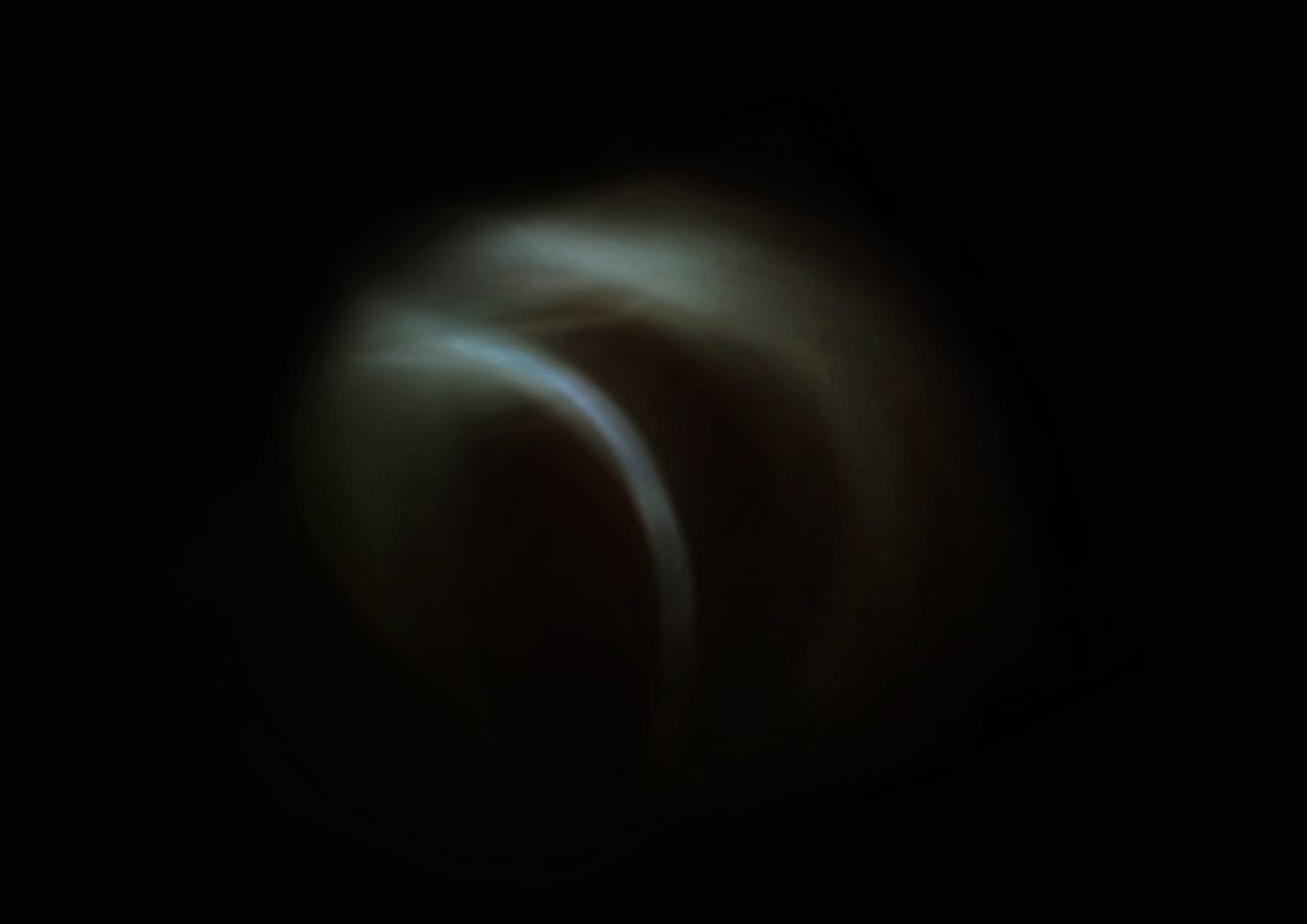 Untitled, an abstract long-exposure photographic study showing a faint greenish curved glow against near-black, by David Hamilton