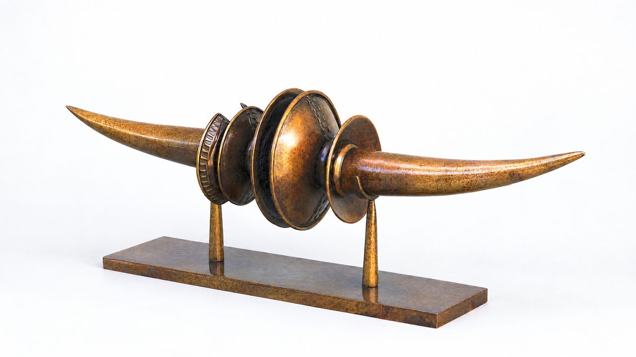 Armour Reimagined, a horn-shaped silicon bronze sculpture with layered disc forms at its centre, by David Hamilton