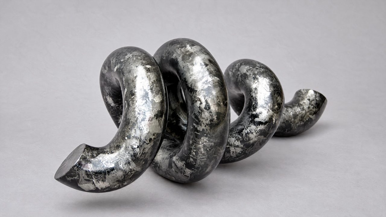 Fragment, a mottled silver-and-black painted steel rod coiled into three tight loops with a short curled tail, by David Hamilton