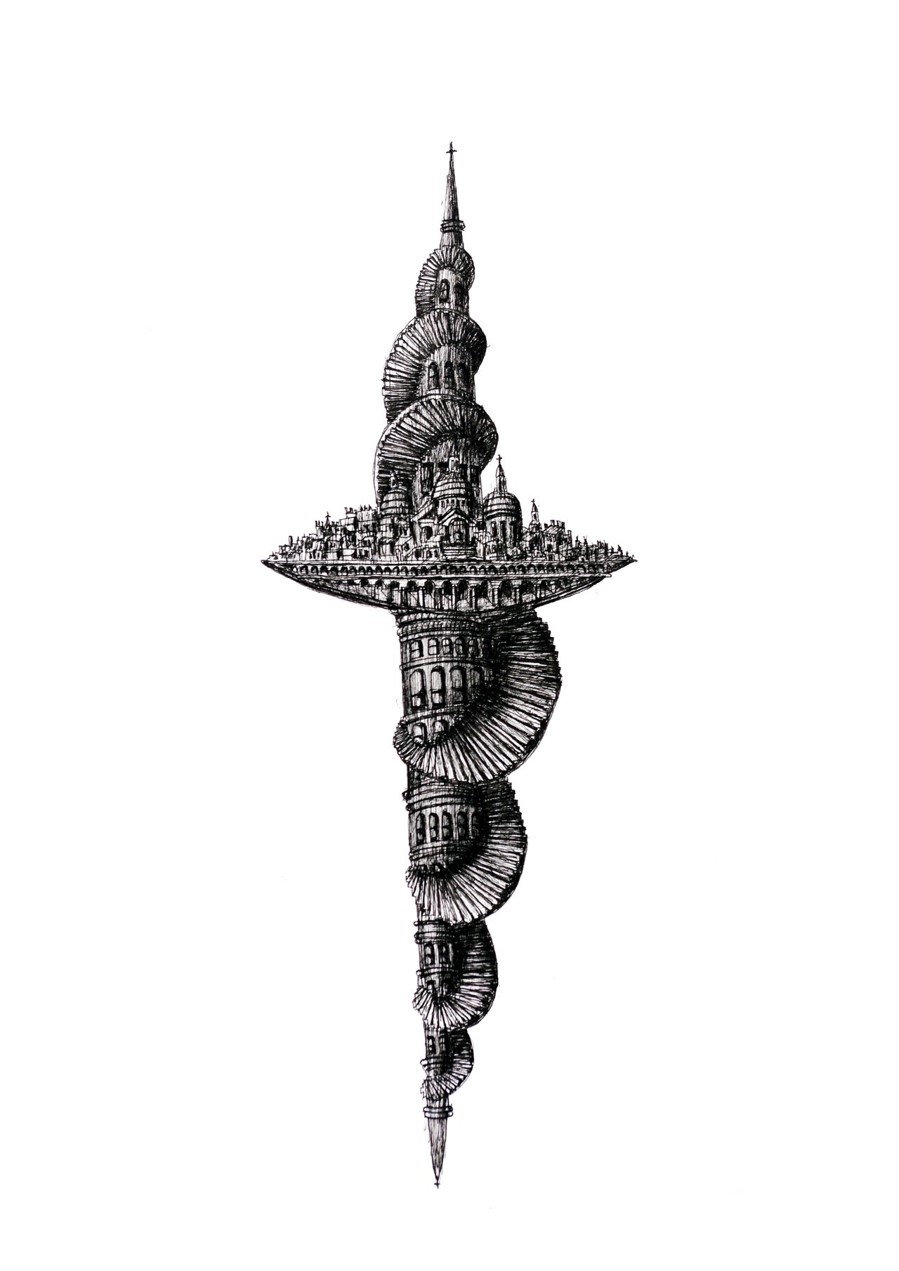 300 Steps Sacre Coeur, a pen and ink drawing of a spiralling staircase tower topped by a domed church skyline, mirrored below, by David Hamilton