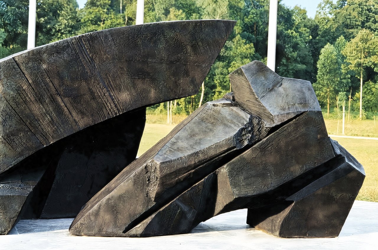 Detail of the angular bronze surface of Ju Ming's Overcoming Adversities at SAFTI Military Institute