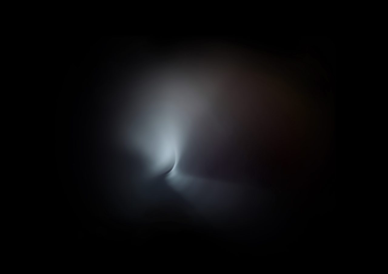 Untitled, an abstract long-exposure photographic study showing a faint blue-white crescent glow against black, by David Hamilton