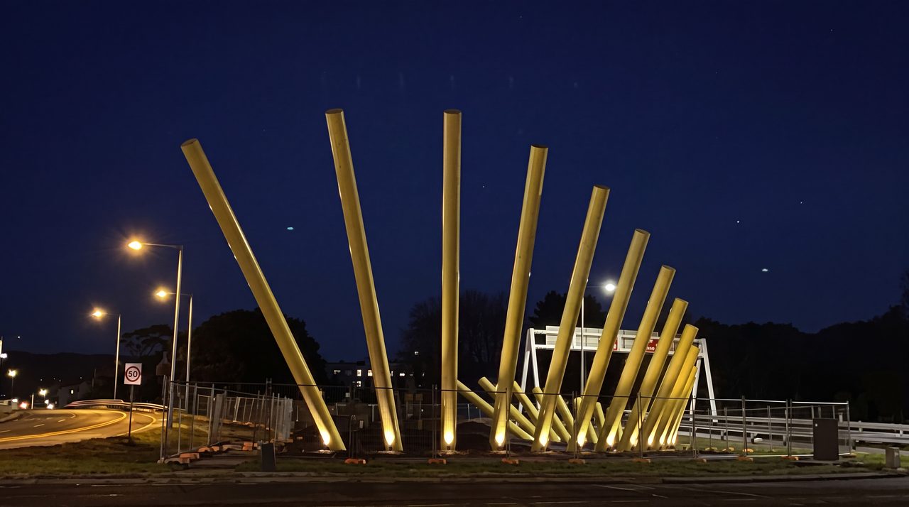 Welcome Gesture at night: a fan of lit yellow poles seen end-on, Burnie