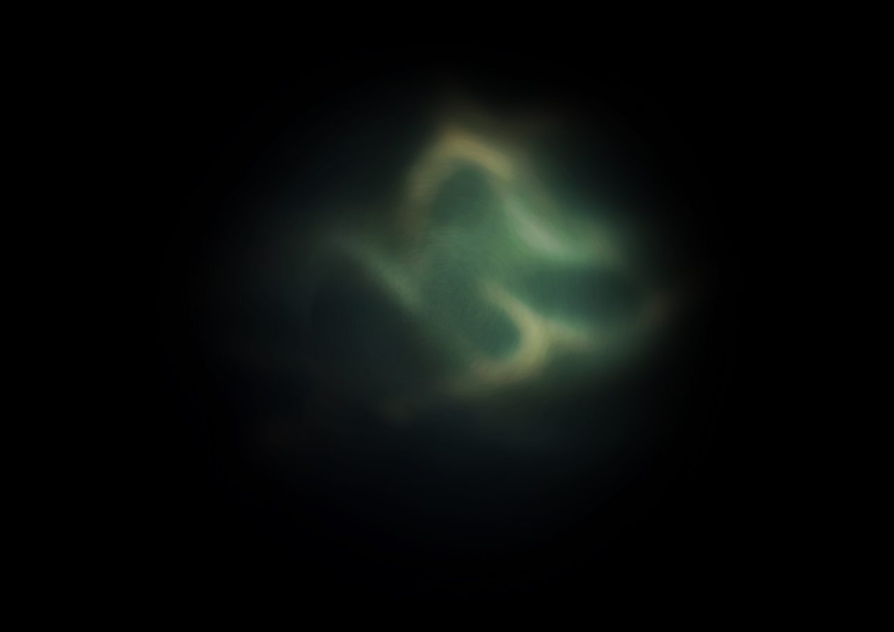 Untitled, an abstract long-exposure photographic study showing a dim green curved glow against black, by David Hamilton