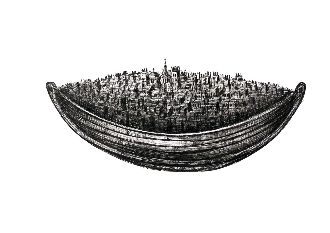 River Boat 2, a pen and ink drawing of a boat hull crowded with rooftops, chimneys and a single spire, by David Hamilton
