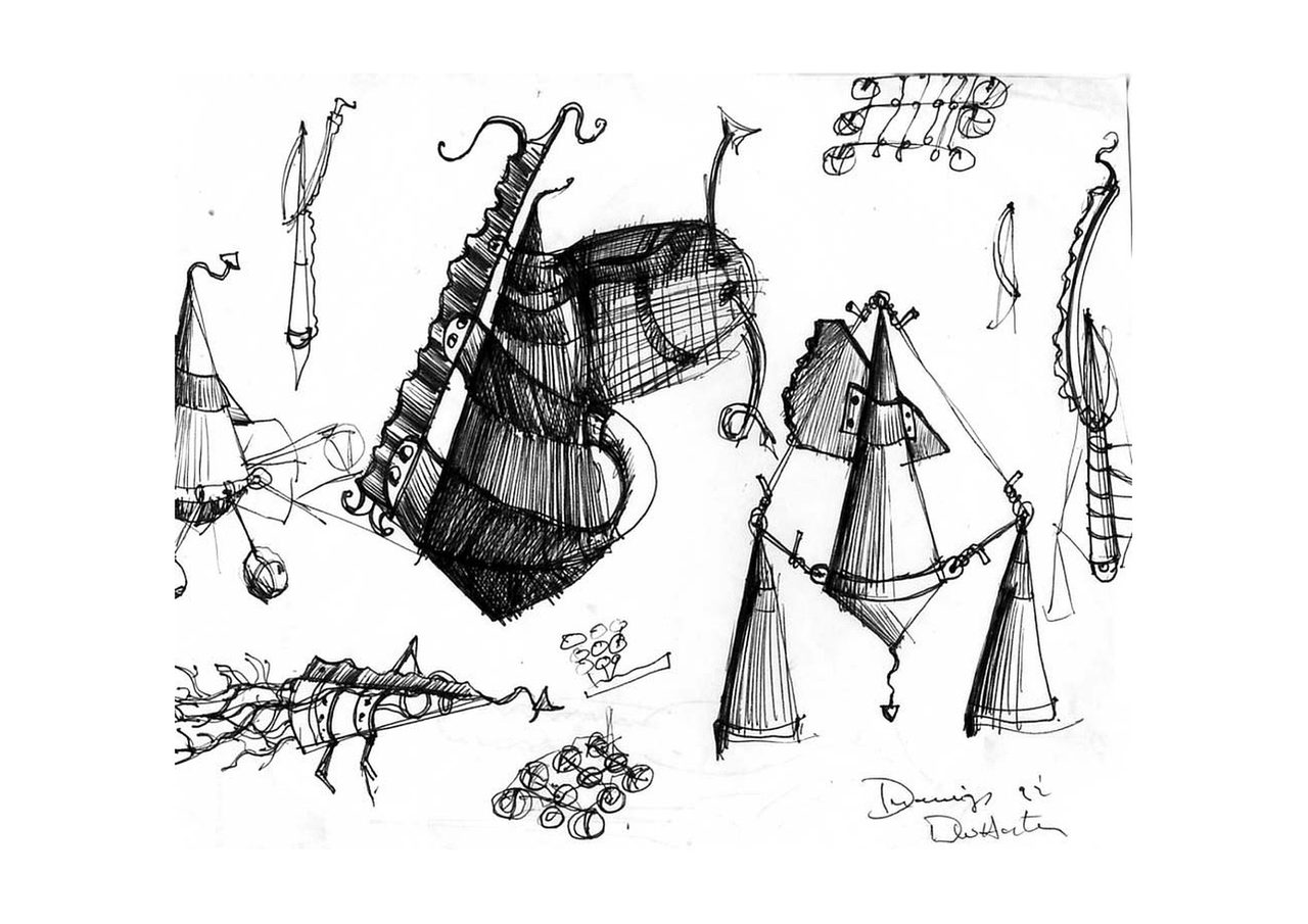 An untitled pen and ink sculpture study drawing showing bundles of curved, ribbed blades fanned out and bound together at their tips, by David Hamilton