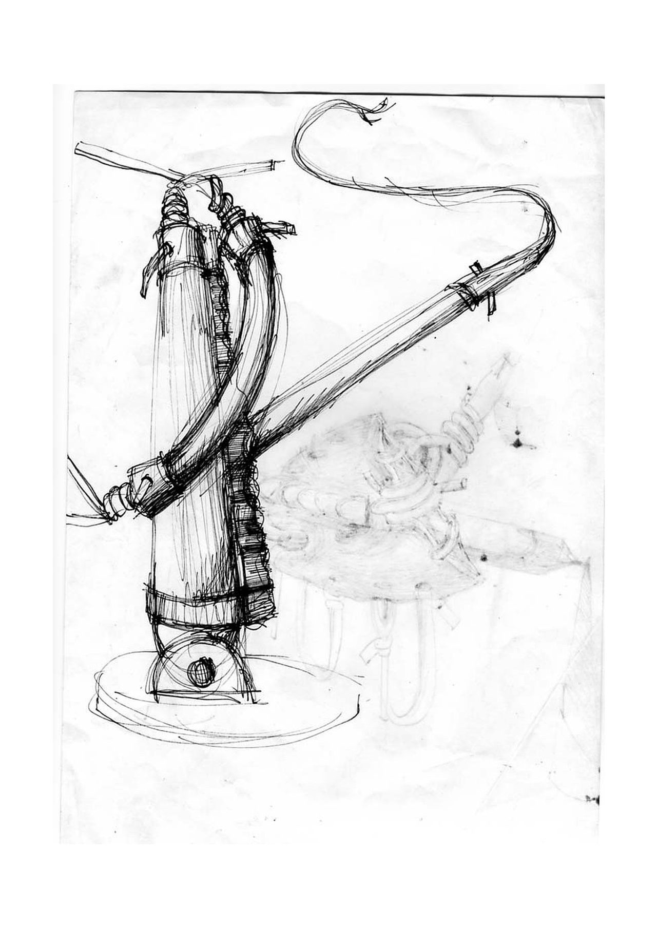 An untitled pen and ink sculpture study drawing showing a tall two-pronged tower topped by a coiled loop, standing on a round base, by David Hamilton