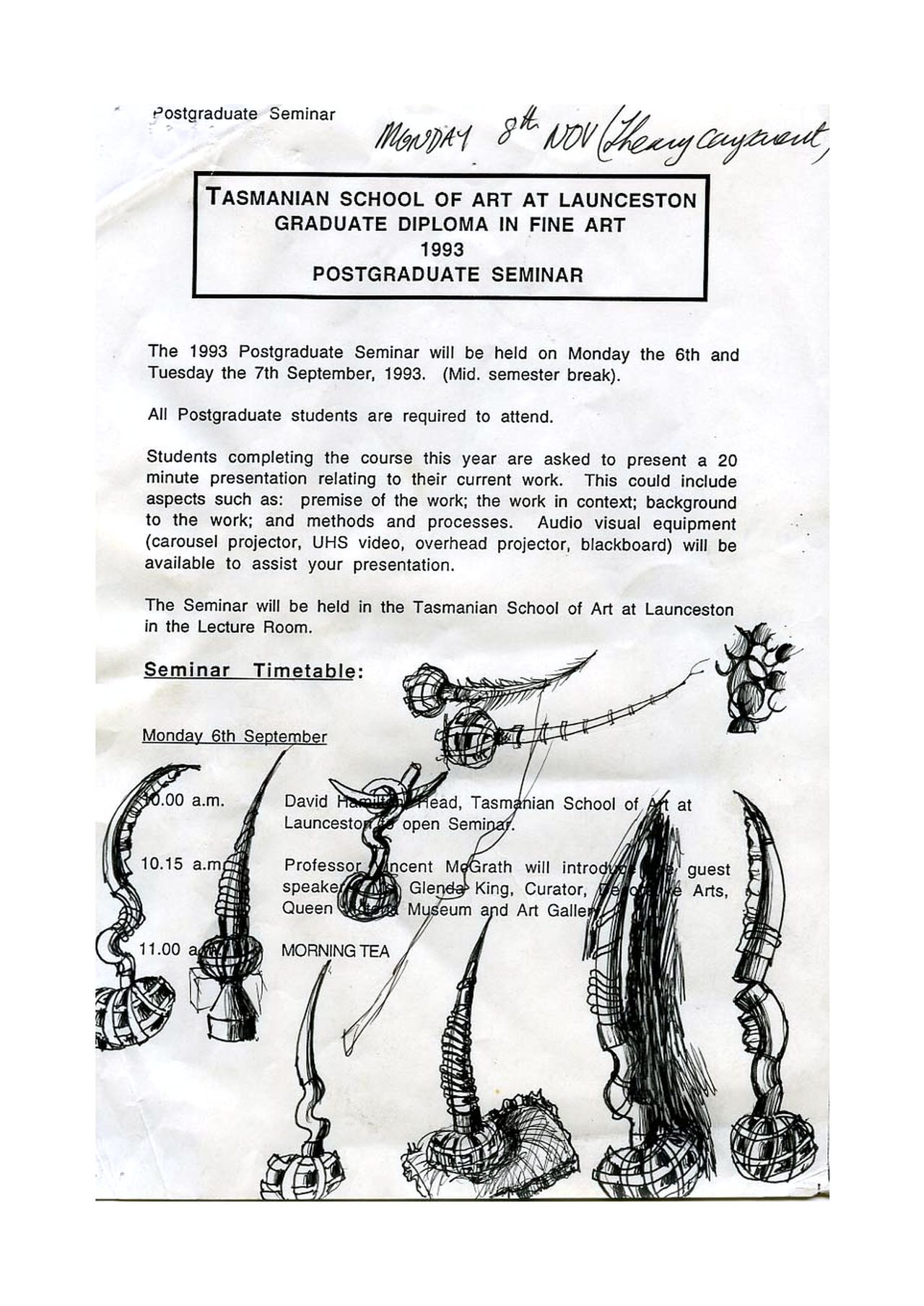 An untitled pen and ink sculpture study drawing showing two curved ribbed handles rising from a round base, each looping into a hook, by David Hamilton