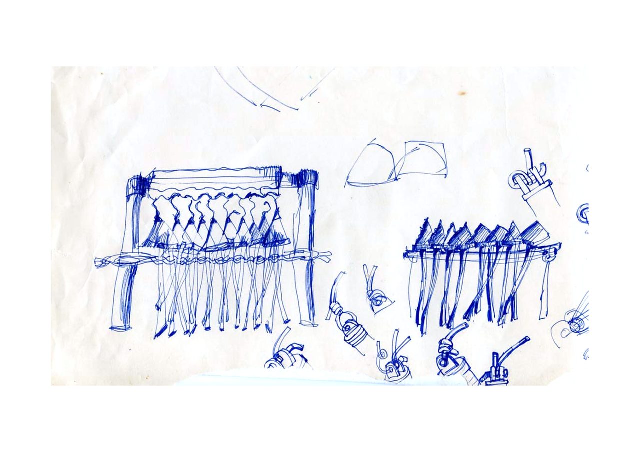 An untitled pen and ink sculpture study drawing showing a woven cradle strung with rows of hanging triangular blades and small dangling pods, by David Hamilton