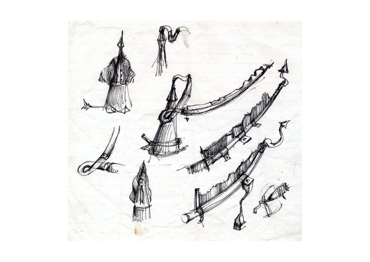 An untitled pen and ink sculpture study drawing showing a hooded cloaked figure, a knotted cone on a tripod stand, and long curved blades with rows of rivets, by David Hamilton