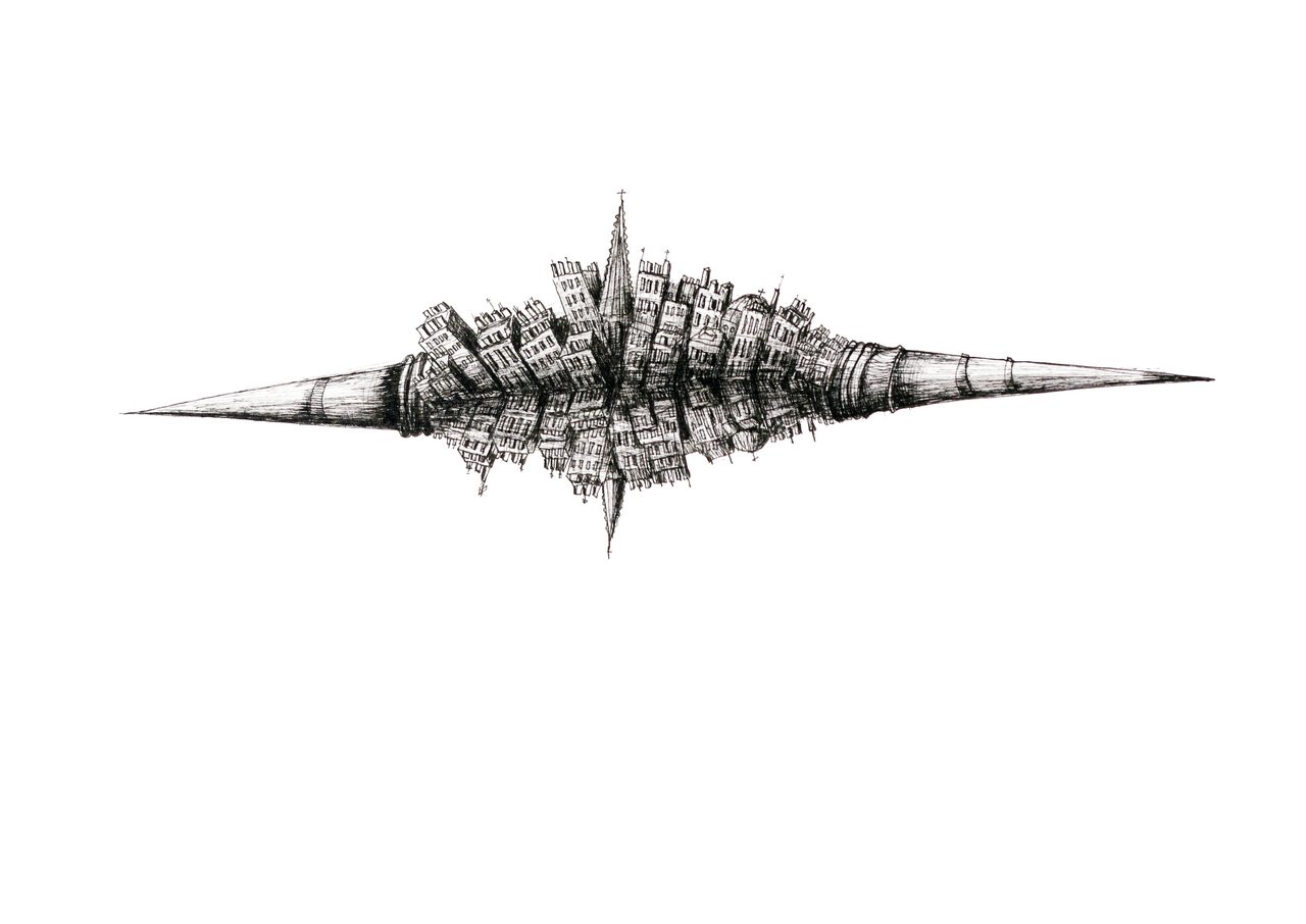 Seine Reflections, a pen and ink drawing of a spindle form with a spired cityscape at its centre mirrored above and below, by David Hamilton