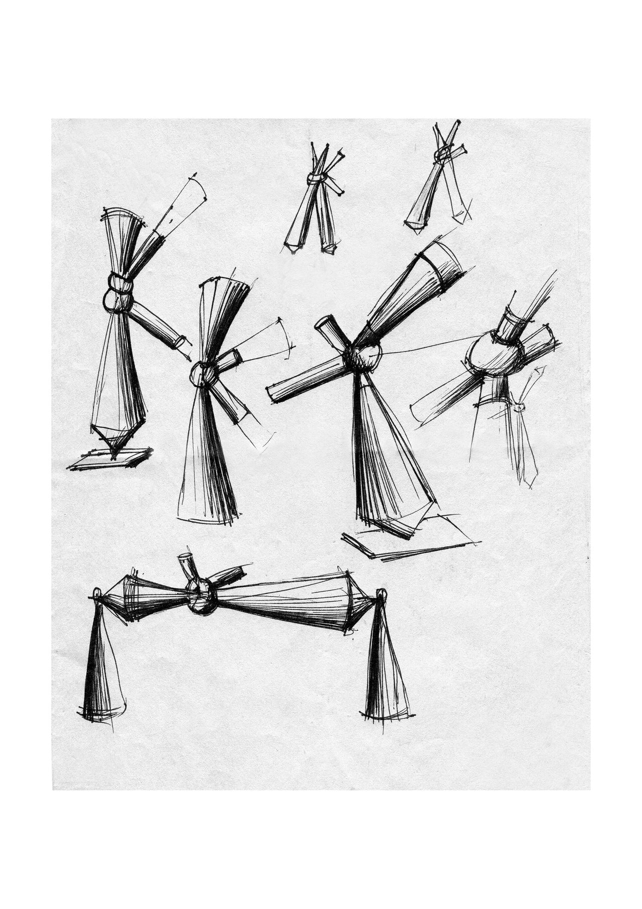 An untitled pen and ink sculpture study drawing showing a page of scribbled zigzag and looping line studies for a wall sculpture, by David Hamilton