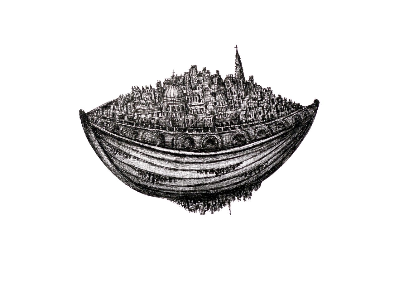 River Boat 1, a pen and ink drawing of a boat hull filled with a dense domed and spired cityscape, by David Hamilton