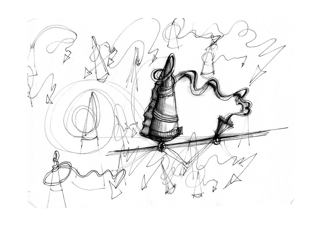 An untitled pen and ink sculpture study drawing showing a tightly coiled ribbed cone linked by a wavy line to a cone-shaped funnel form, on a horizon line, by David Hamilton