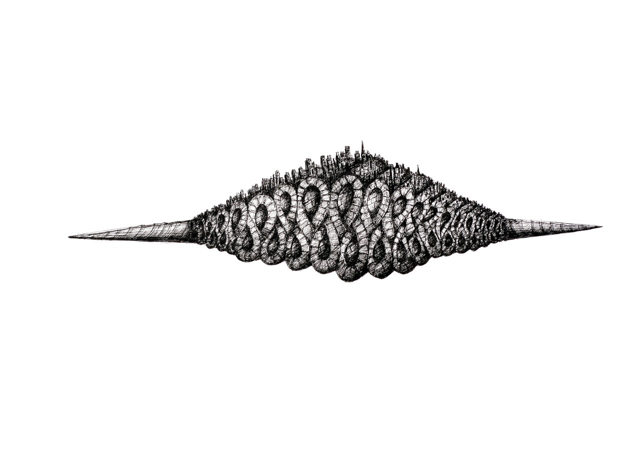 Below Paris, a pen and ink drawing of a spiked mound of looping, ribbon-like coils topped by a small skyline, by David Hamilton