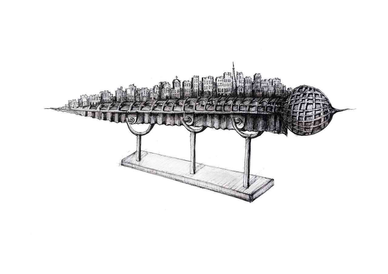 River Construct, a pen and ink drawing of a torpedo-like form with a riveted bulb at one end and a miniature city along its spine, by David Hamilton
