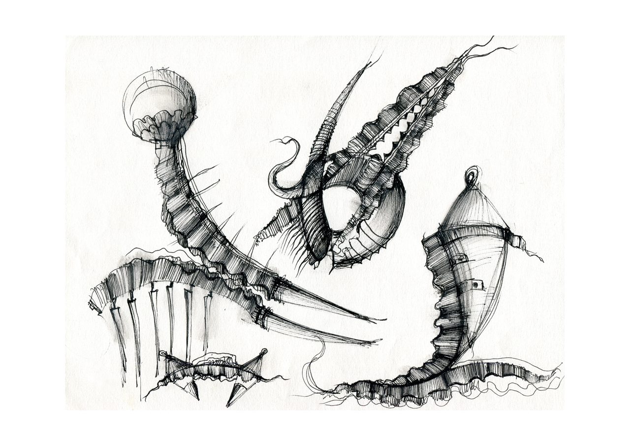 An untitled pen and ink sculpture study drawing showing a boat with a fringed hull hung with wire loops, beside a similar hulled form fringed with hanging blades, by David Hamilton