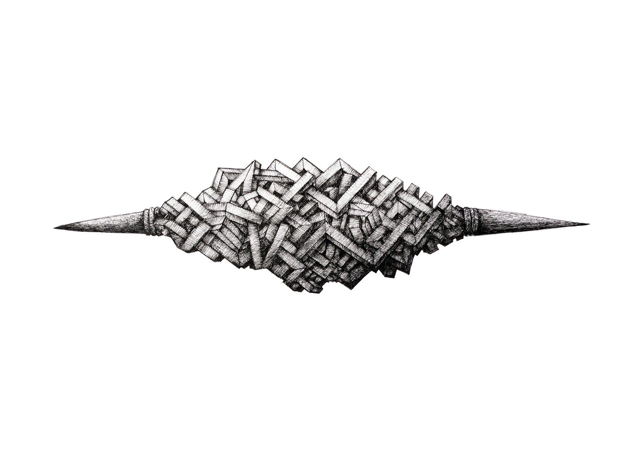 Haussmann's City, a pen and ink drawing of a horn-shaped form filled with a tangled lattice of flat planes at its centre, by David Hamilton