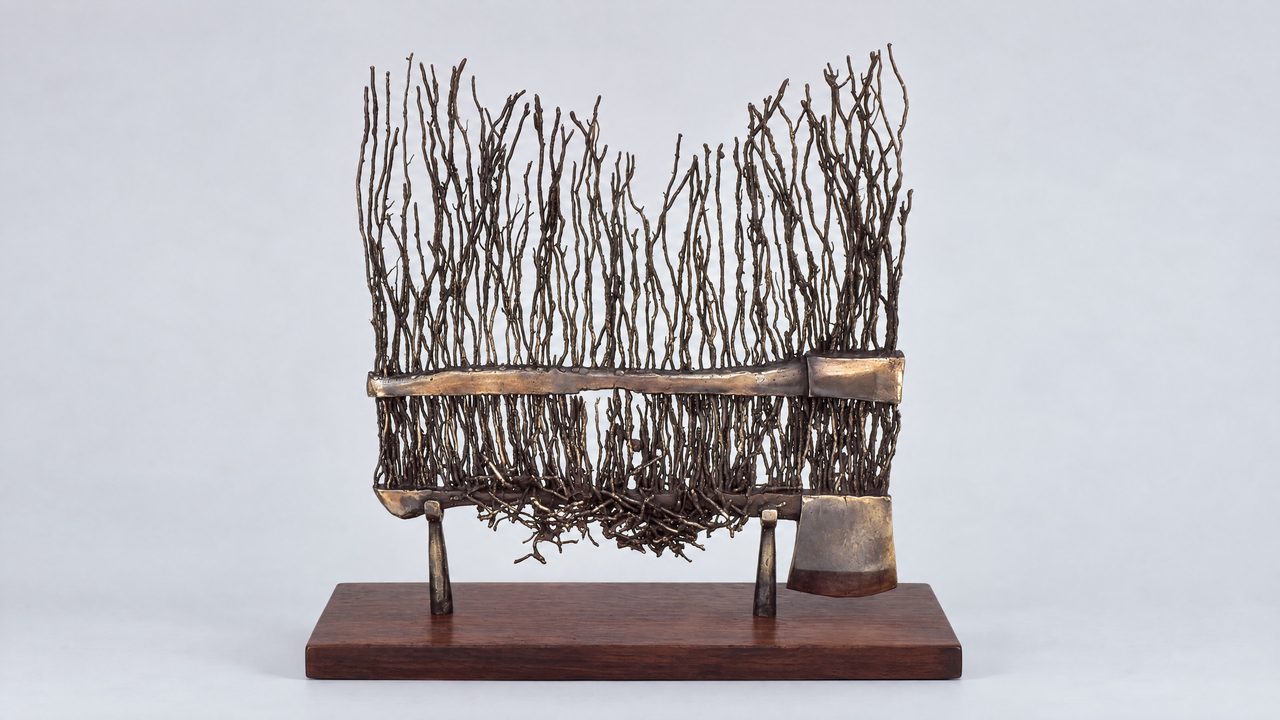 Widows Veil, a bronze axe with a curtain of thin hanging branches strung along its blade, by David Hamilton