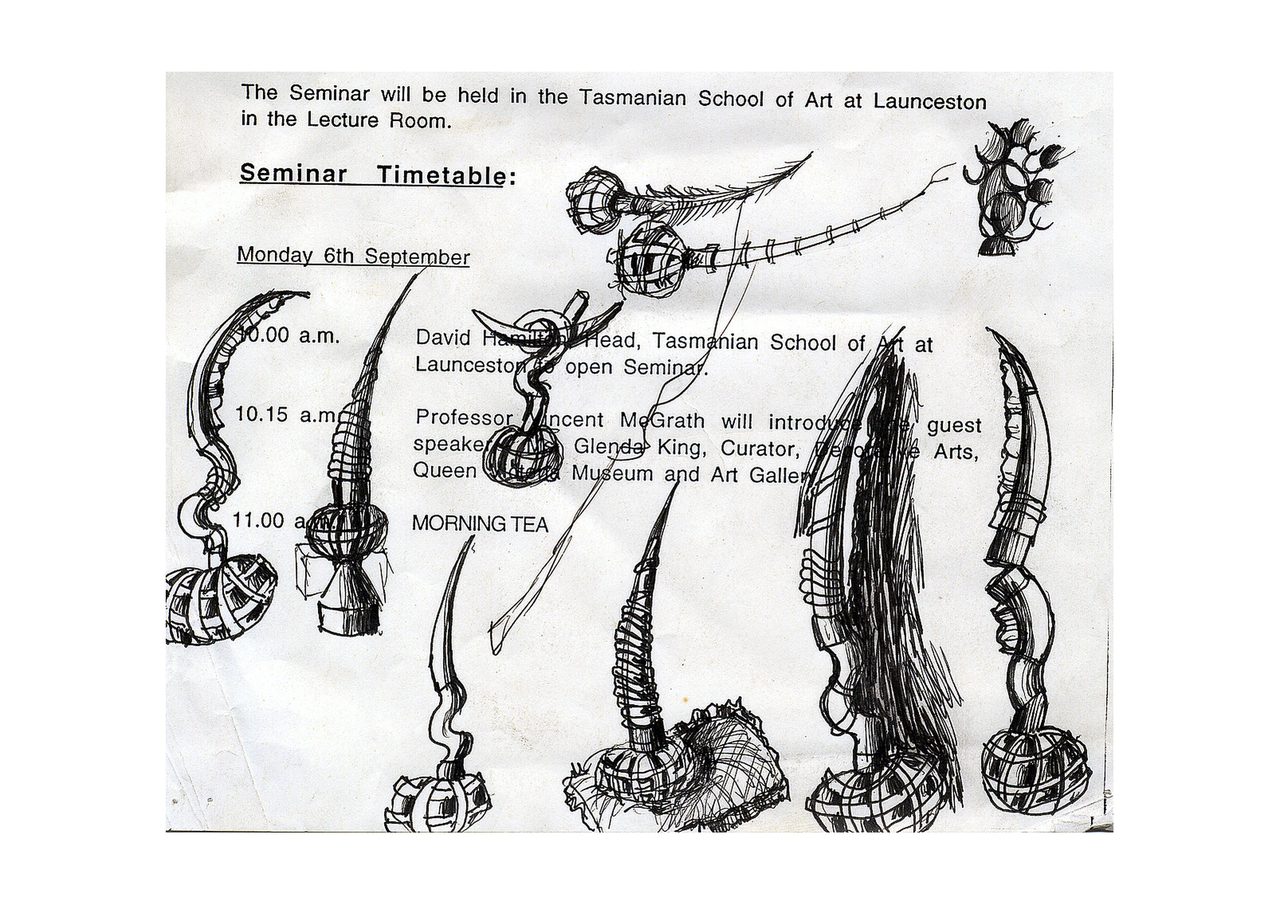 An untitled pen and ink sculpture study drawing showing curved ribbed horns and cone shapes with woven textures, drawn over a printed seminar timetable sheet, by David Hamilton