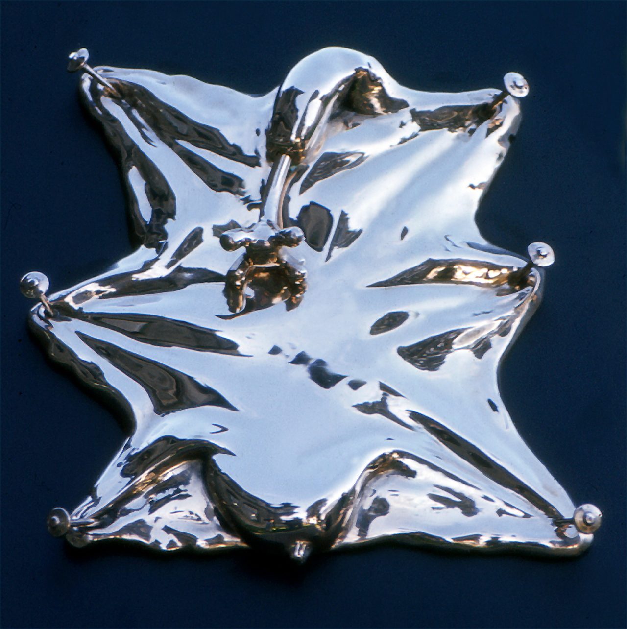 Tanned, a polished bronze star-shaped form pinned flat at its points like a stretched hide, by David Hamilton