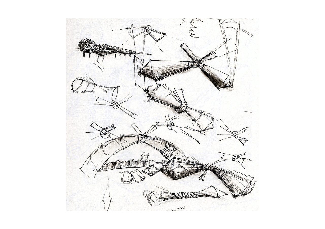 An untitled pen and ink sculpture study drawing showing a violin-like body with a long spike, beside several cone-and-crossbar sculpture studies and a hooped ring form, by David Hamilton