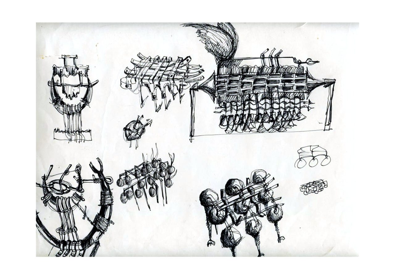 An untitled pen and ink sculpture study drawing showing a woven basket cradle beside a fringed hull sculpture bristling with spikes and a curled tail, by David Hamilton