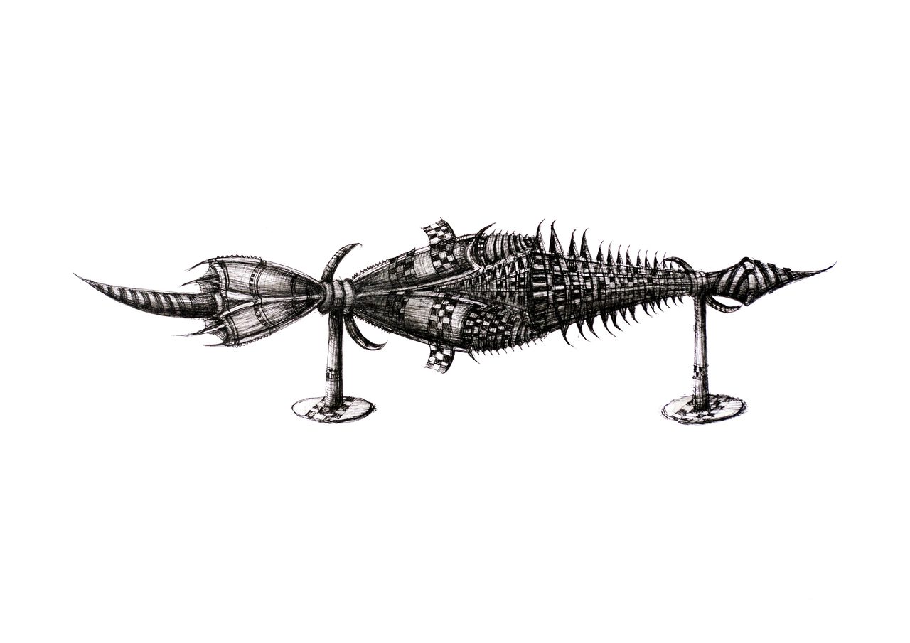 Tribal Construct, a pen and ink drawing of a spiked, checkerboard-patterned fish-like horn form on two stands, by David Hamilton
