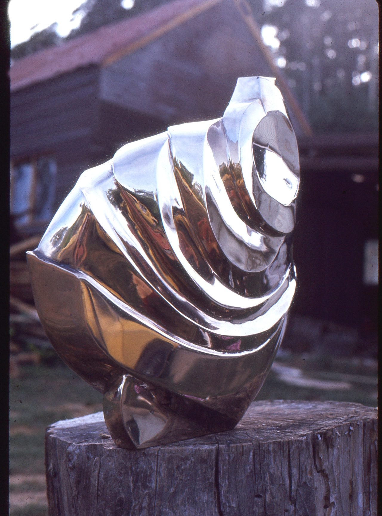 Container Form 1, a polished silicon bronze spiral shell form, ribbed and coiling to a point, on an outdoor timber post, by David Hamilton