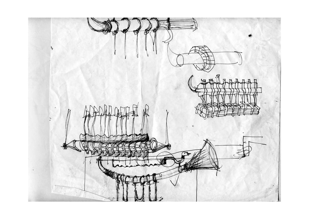An untitled pen and ink sculpture study drawing showing a spiked cylindrical form strung with hanging pods, drawn from the side and from above, by David Hamilton