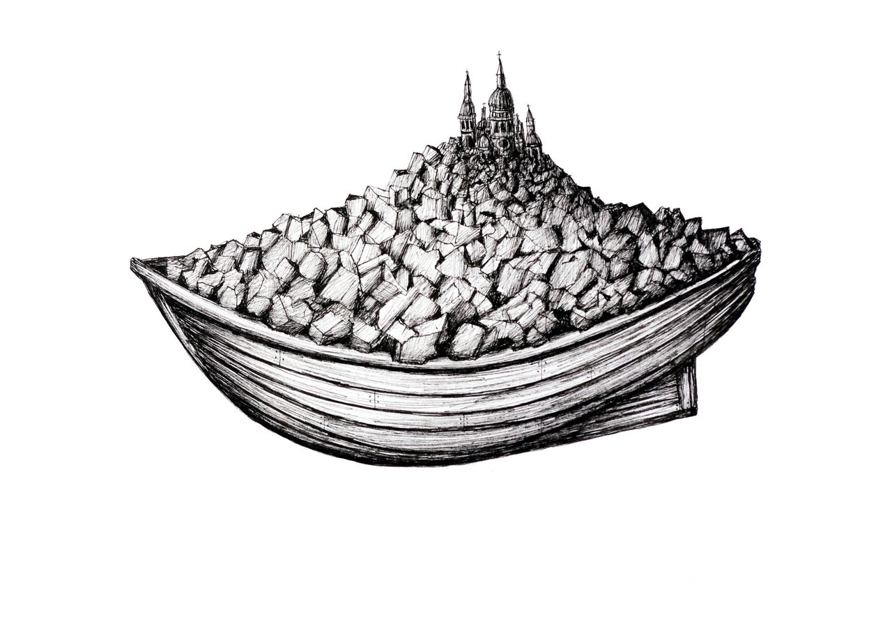 On the Rocks, a pen and ink drawing of a boat filled with piled rubble and topped by a domed church, by David Hamilton