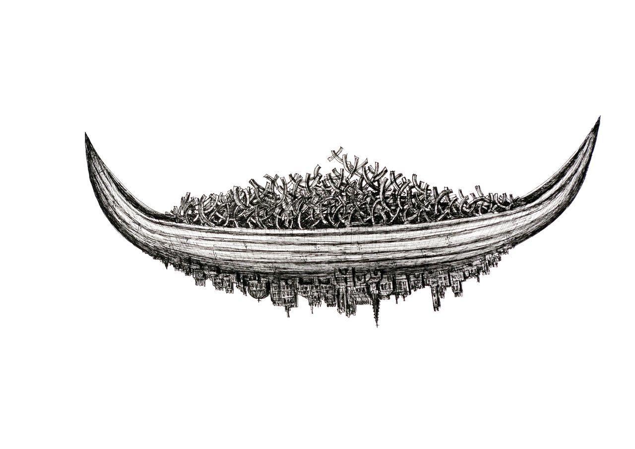 Limpet City, a pen and ink drawing of a crescent boat filled with tangled loop forms, its reflection showing a hanging cityscape below, by David Hamilton