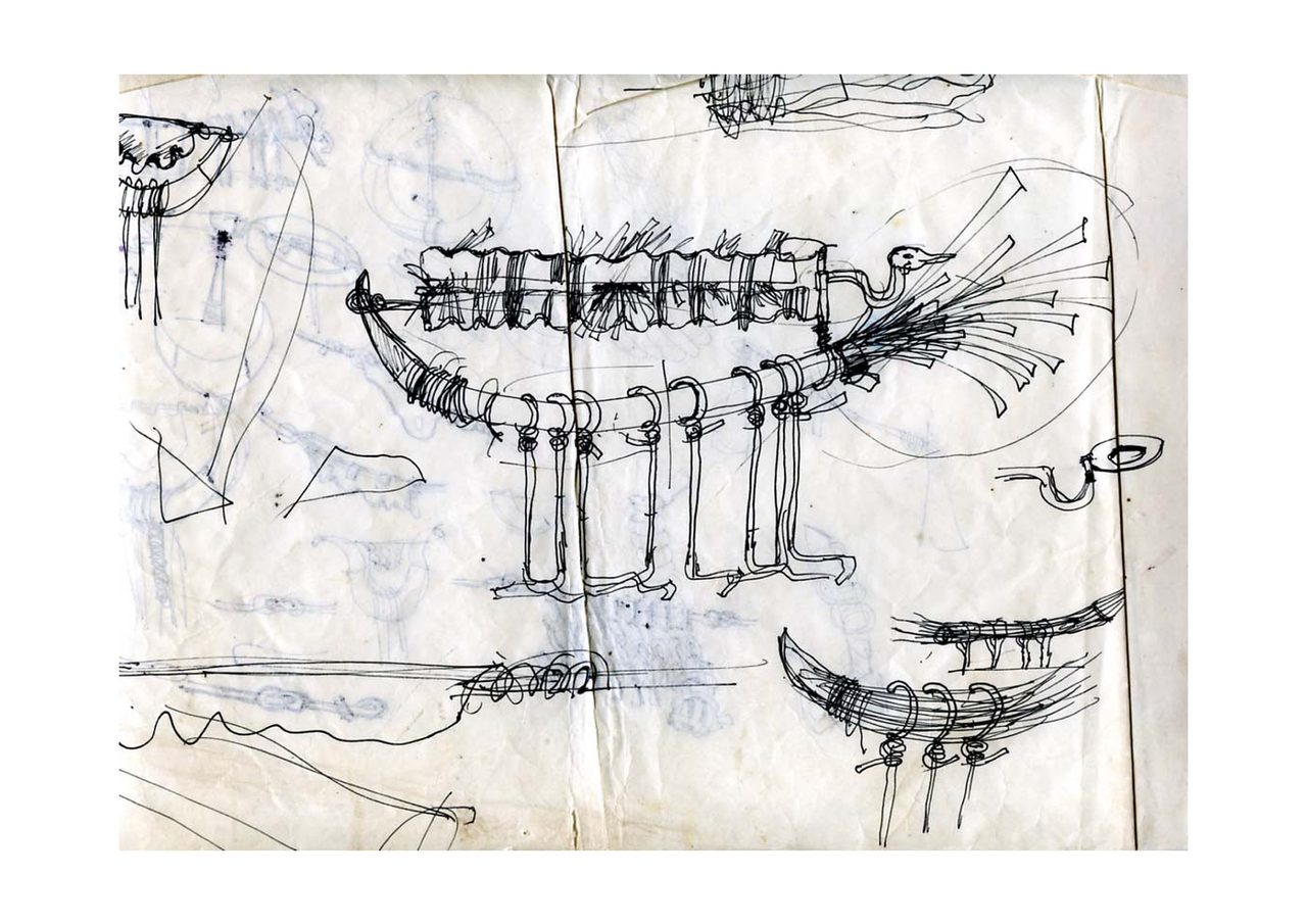 An untitled pen and ink sculpture study drawing showing a long fringed hull strung with hanging pods and topped by a bird-like head with trailing feathers, by David Hamilton