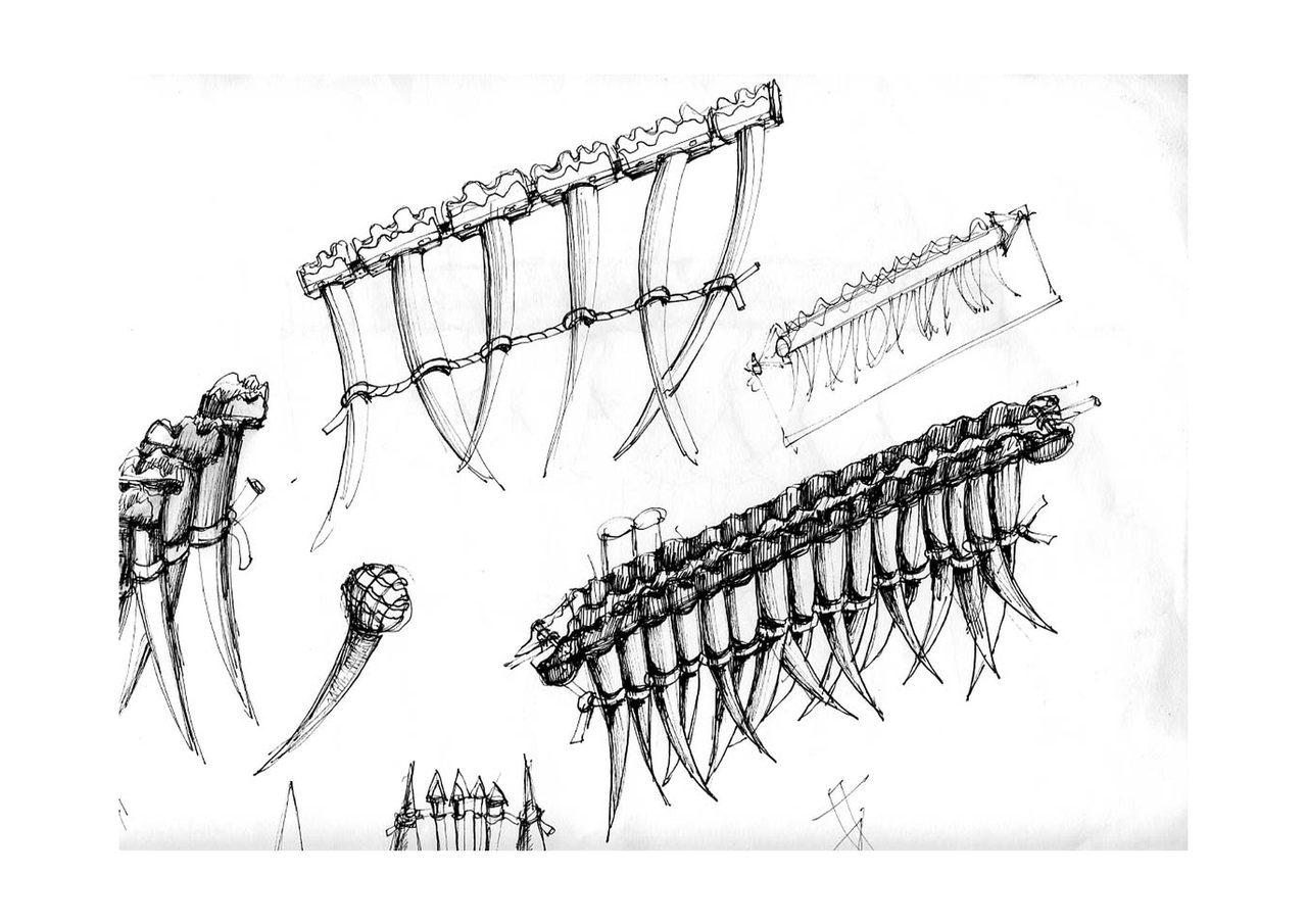 An untitled pen and ink sculpture study drawing showing a hooped handle rising from a cone on a tripod stand, beside a similar hooped form on a ribbed cone base, by David Hamilton