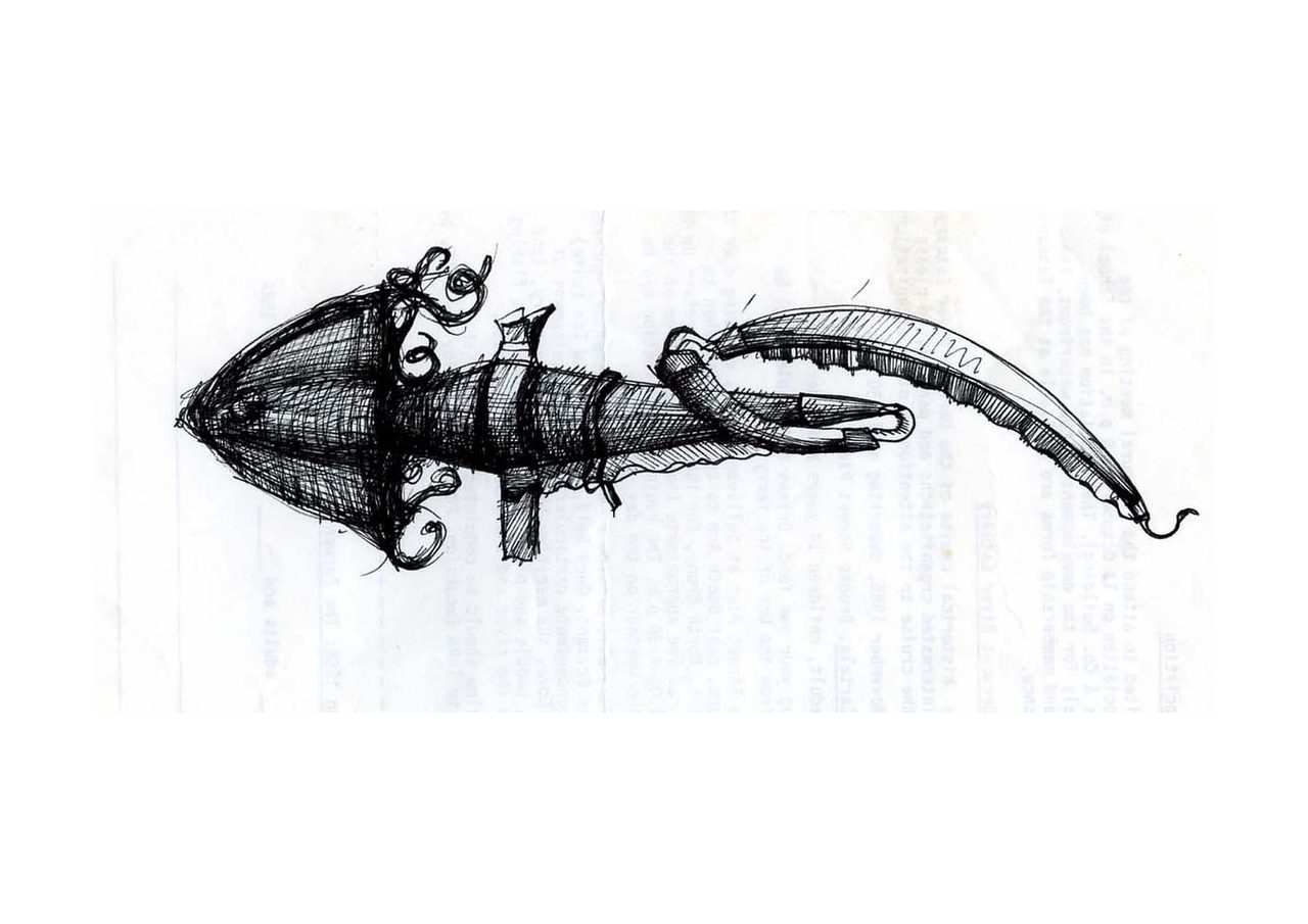 An untitled pen and ink sculpture study drawing showing a coiled ribbed cone with a curling tail rising from a woven basket form beside a simple hooped loop, by David Hamilton