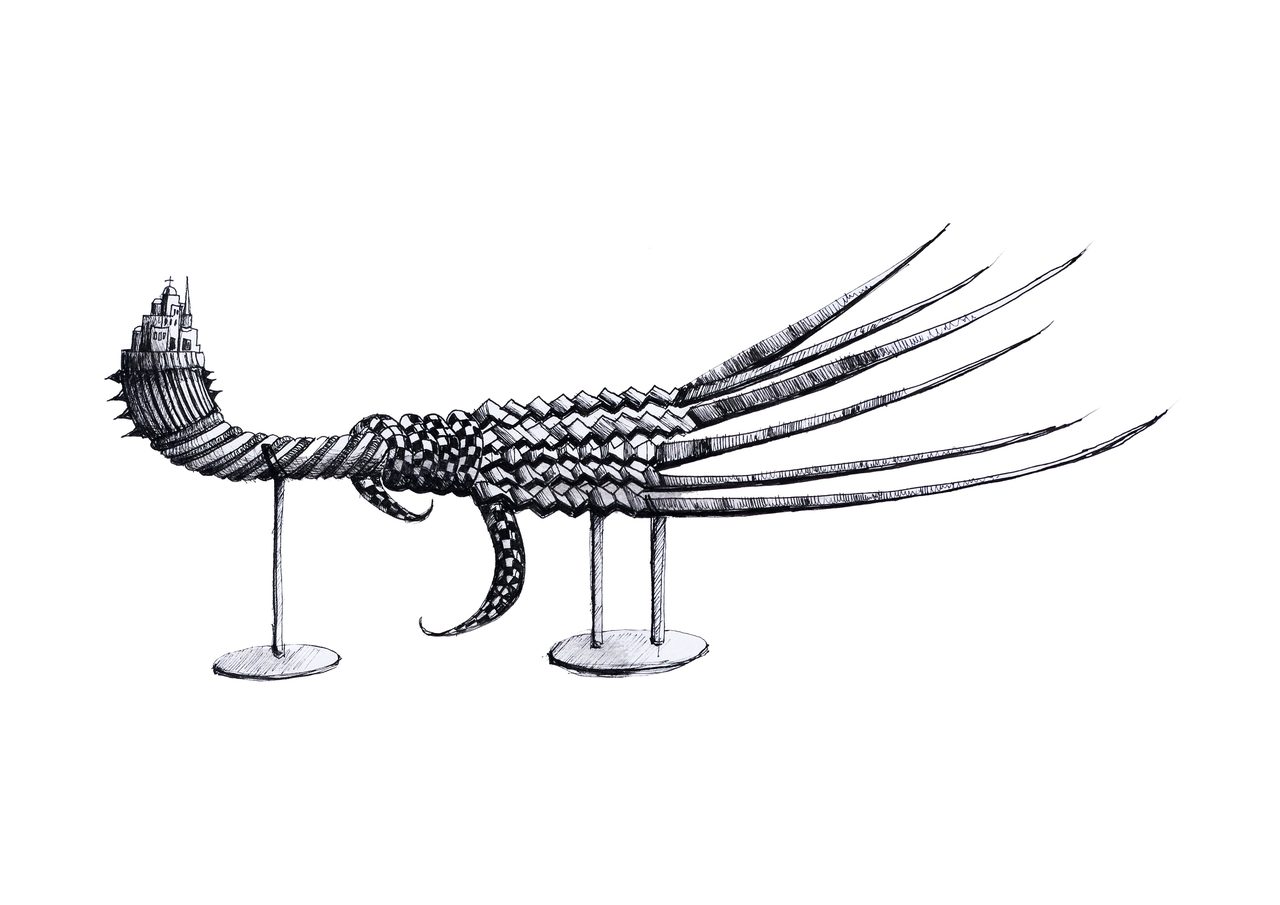 Tribal Artifact, a pen and ink drawing of a curved, scaled horn form with a tiny building at one tip and long claw-like tendrils at the other, by David Hamilton