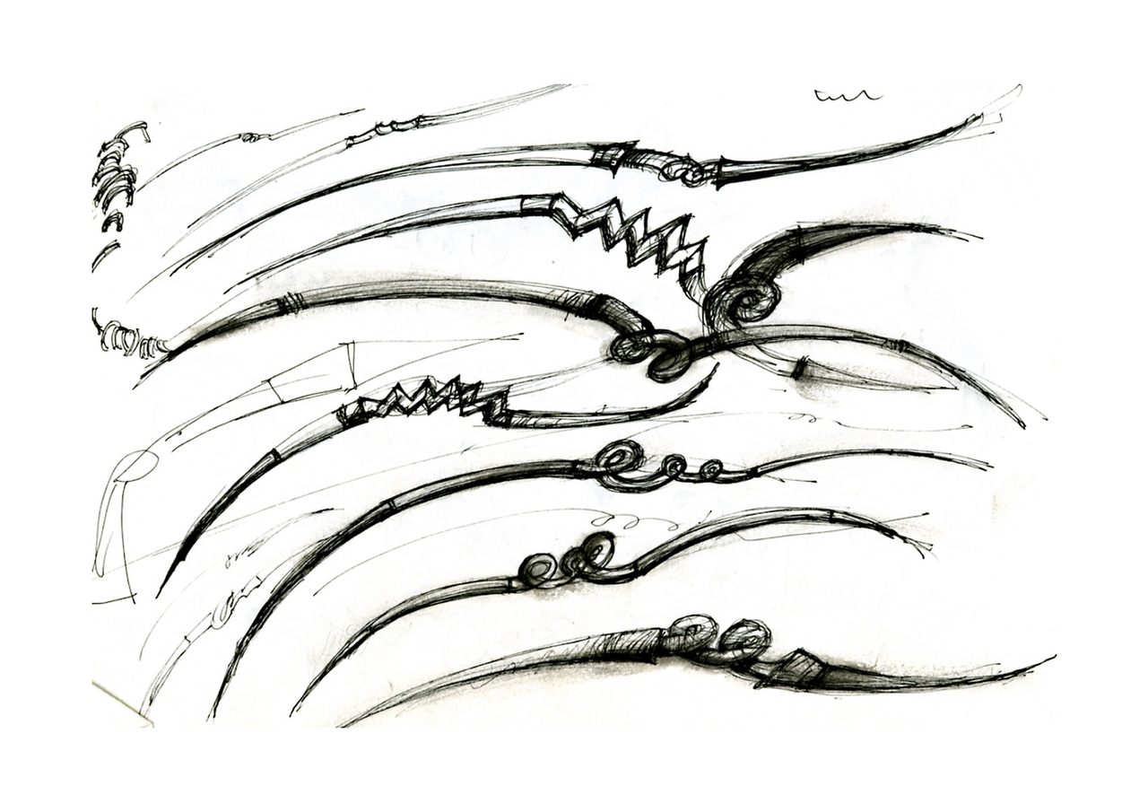 An untitled pen and ink sculpture study drawing showing long curved lines studded with coiled springs, zigzags and small knots, sketched in flowing rows, by David Hamilton