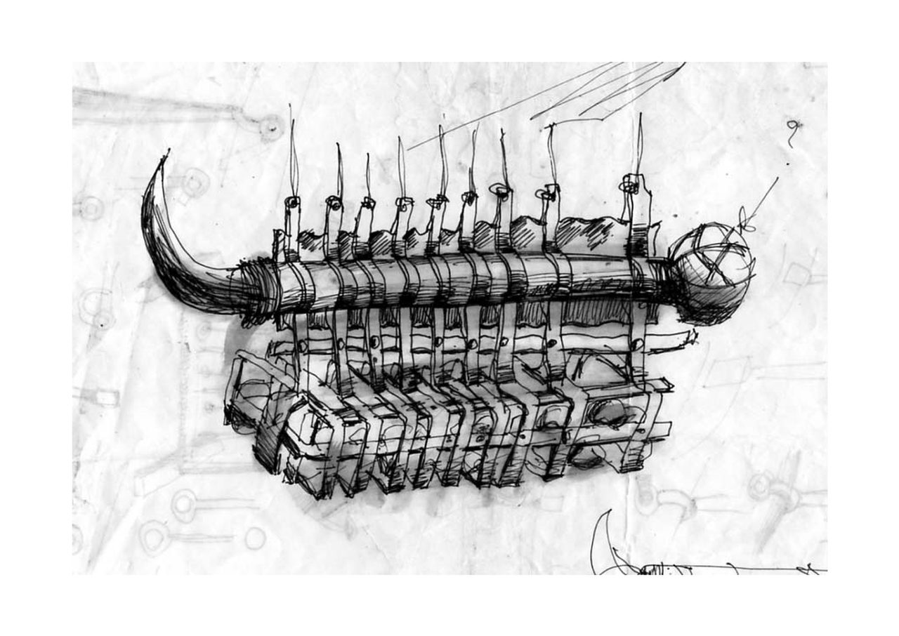 An untitled pen and ink sculpture study drawing showing clusters of pointed cone forms and jagged zigzag studies scattered across the page, by David Hamilton
